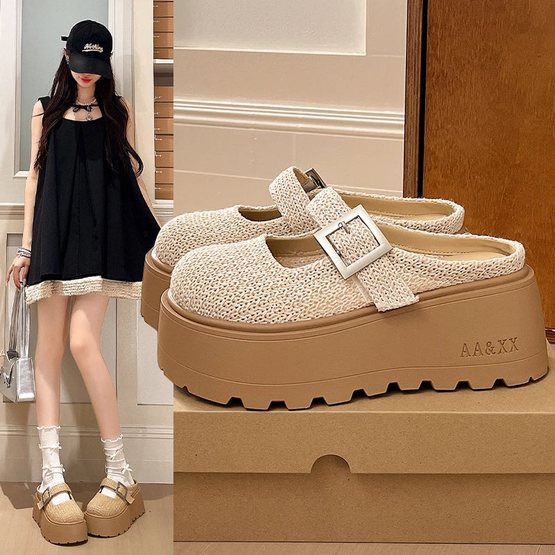 Women Platform Mules Closed Toe Buckle Strap Slip On Clogs 2026 Summer Linen Canvas Casual Wedge Sandals for Daily Outdoor Wear