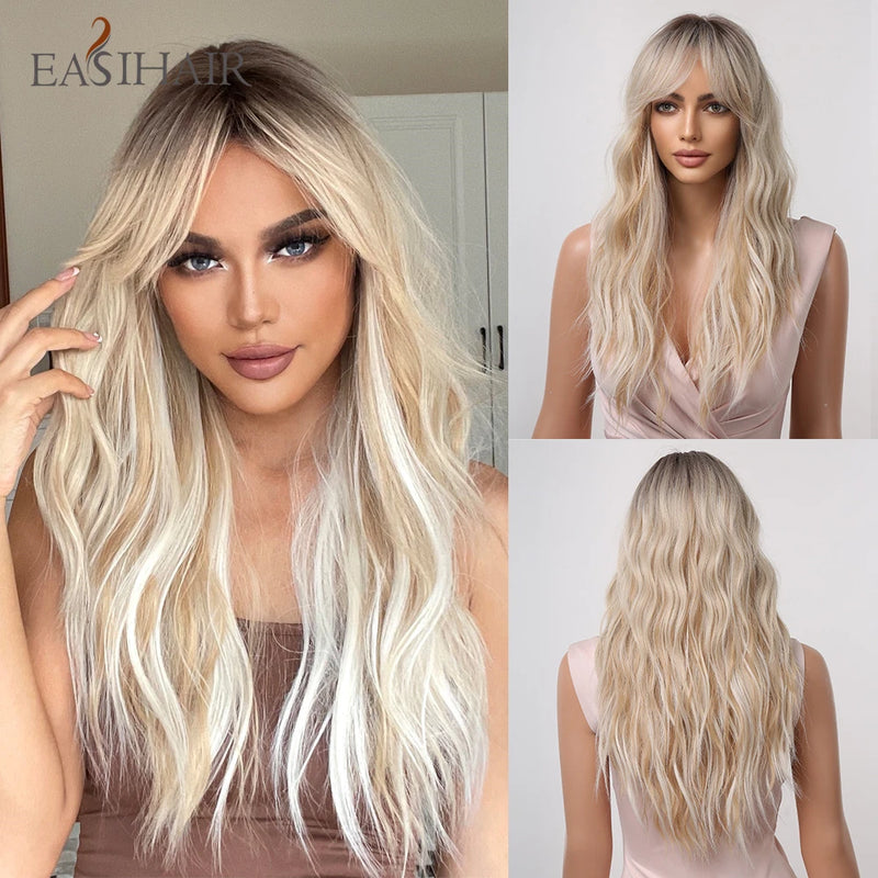 Long Blonde Ombre Brown Synthetic Wigs Water Wavy Platinum Wigs with Bang Hair Wig for Women Daily Cosplay Party Heat Resistant