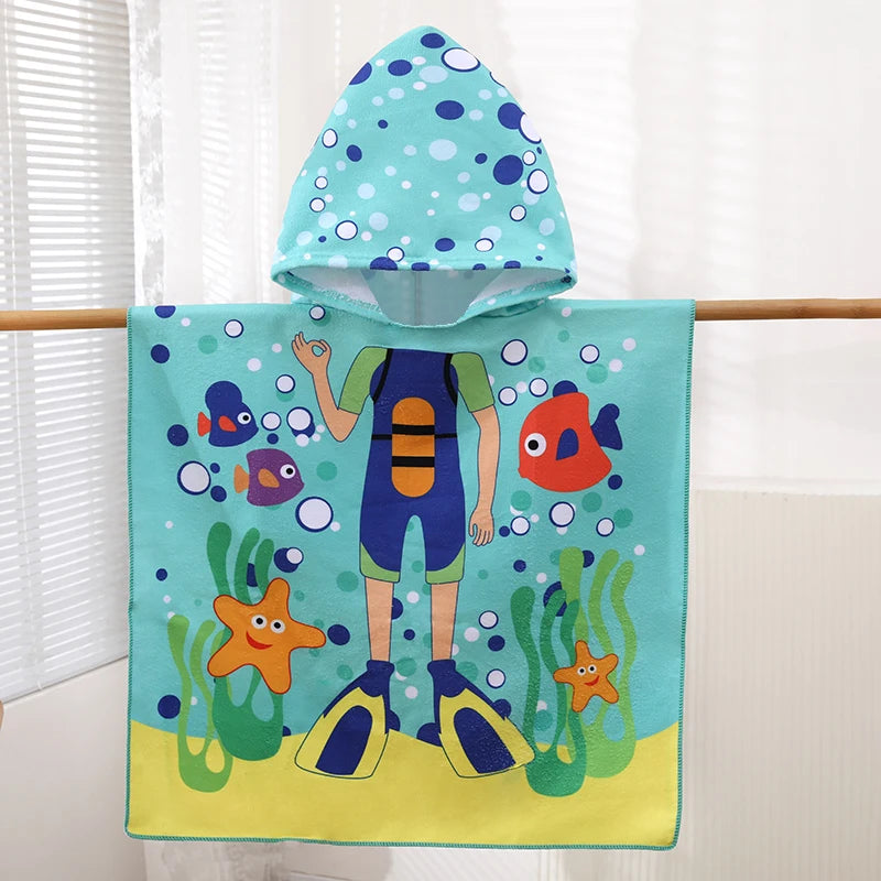 1 Cartoon Hooded Bathrobe Suitable for Boys and Girls, Can Be Unfolded into a Flat Blanket, Polyester Fiber Bath Towel, Children's Small Cape, Water-Absorbent Quick-Dry Beach Towel, Cute Cartoon Swimming Bathrobe for Babies,