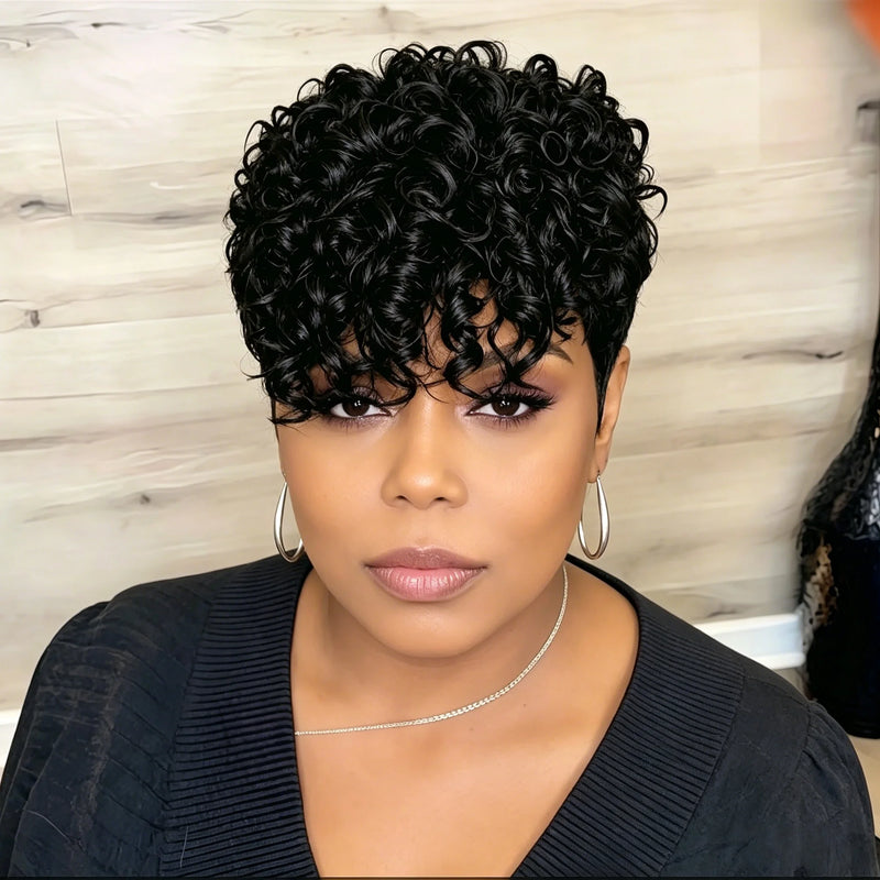 8 Inches Pixie Cut Wigs for Women Short Layered Human Hair Wigs with Bangs Full Machine Made Wig