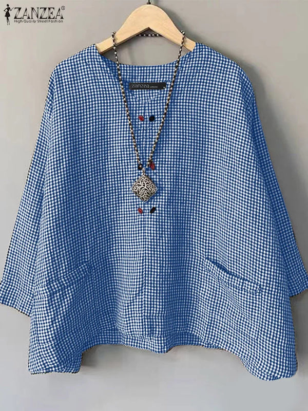 Casual Loose Women Blouse ZANZEA Summer Round Neck Shirt - View 6 | SAMAG