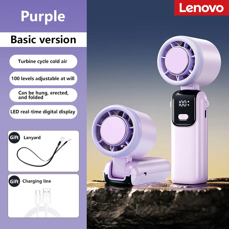 Lenovo Refrigeration Handheld Electric Fan Portable Desktop and Outdoor USB Digital Display High-speed Fan Folding Neck Hanging