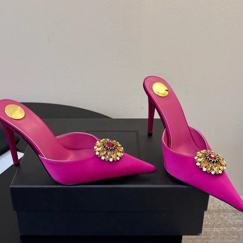 2026Women's new satin pointed toe toe water diamond high heels slippers party wedding high heels women's sandals