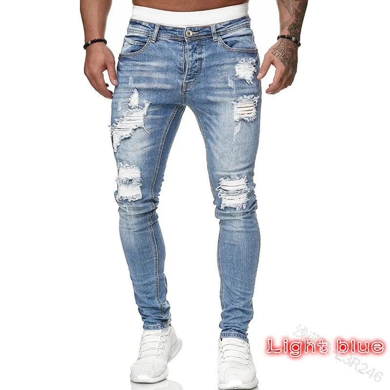 Men Jeans Solid Pockets Stretch Denim Straight Pants | SAMAG
