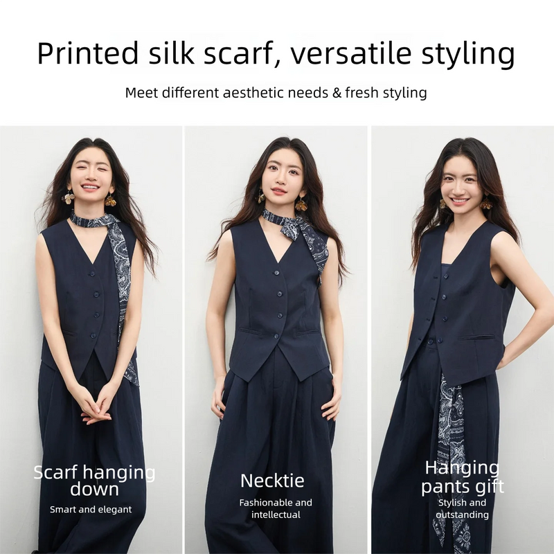 SENTUBILA Office 2 Piece Pant Set 2026 Women Linen Blend Summer Suit V Neck Waistcoat Wide Leg Baggy Pant Print Scarf 162ZA5663Z