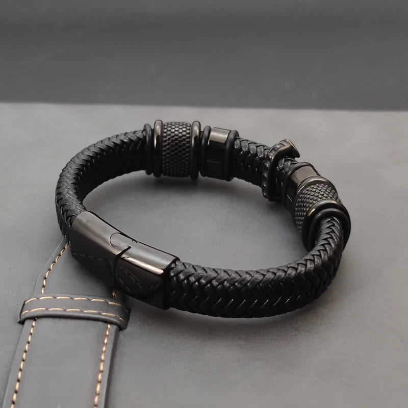 Dark Series Men's Leather Cross Bracelet New Fashion Hand-woven Rope Multi-layer Combination Stainless Steel Male Jewelry Gift