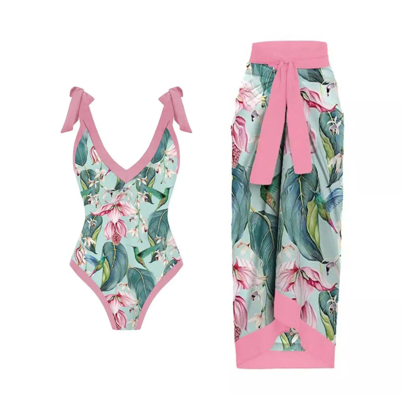Fashion Women Cover Swimsuit Retro Print Gorgeous One-Piece Suit with Swimwear Beach Casual Swimwear Skirt That Wraps Hips