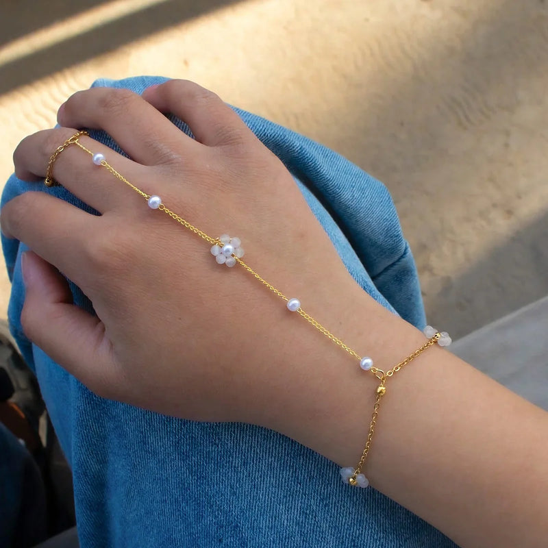 Stainless Steel Colorful Crystal Beads Flower Hand Chain Bracelet for Women Summer Dopamine Finger Ring Link Chain Beach Jewelry