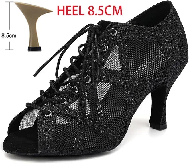 Black Latin Dance Shoes for Women Breathable Mesh Suede Sole Wedding Party Professional Ballroom Jazz Tango Training Dancing