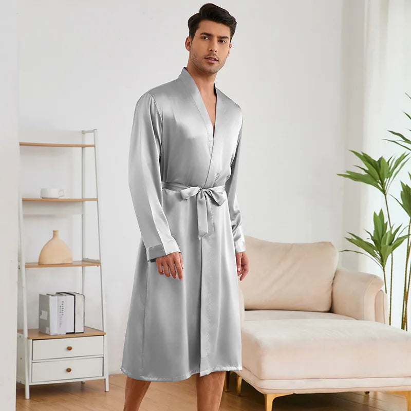 Men's Nightgown Shorts Set Solid Color 2-Piece Loungewear Bathrobe Shorts Set Thin Pajamas Kimono Bathrobe Long Robe Sleepwear