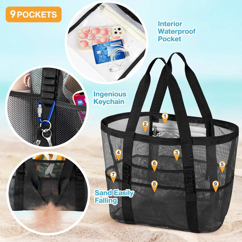 Extra Large Mesh Beach Bag, Swimming Bag for Children Beach Toy Baskets Portable Travel Storage Wash Bag Quick Dry Tote