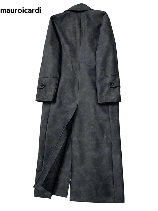 Mauroicardi Spring Autumn Extra Long Distressed Pu Leather Trench Coat Men Belt Double Breasted Luxury Designer Clothes Fashion