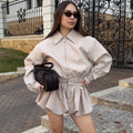 Tuularose Women's 2 Piece Fashion Lapel Zip Jacket Pleated Shorts Suit Vintage Streetwear New Party  Autumn Female Short Sets