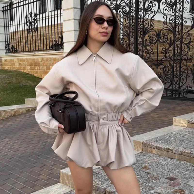 Tuularose Women's 2 Piece Fashion Lapel Zip Jacket Pleated Shorts Suit Vintage Streetwear New Party  Autumn Female Short Sets