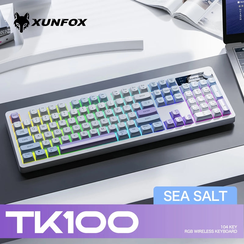 Xunfox TK100 Bluetooth Wireless Dual-Mode Keyboard Desktop Laptop Office E-Sports Gaming RGB Light Effect Charging Robot Feel