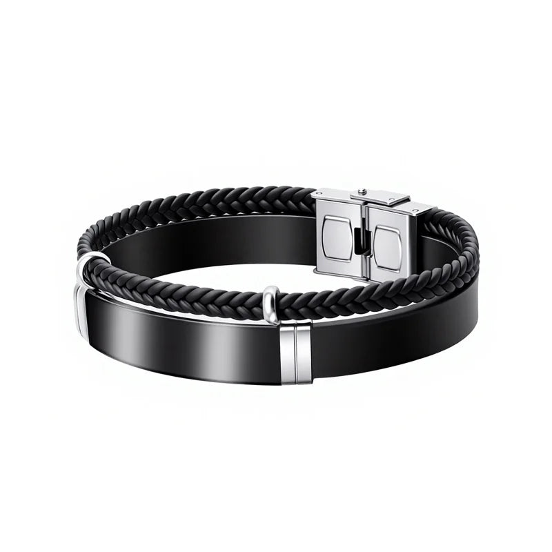 Custom Engraved Name Braided Rope Stainless Steel Bracelet, Personalised Engraved Text Twisted Rope Braided Leather Wristband