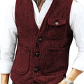 Men Vest Brown Herringbone Wool Tweed V Neck Single Breasted Retro Tooling Vest Male Gentleman Business Waistcoat For Wedding