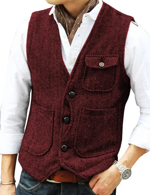 Men Vest Brown Herringbone Wool Tweed V Neck Single Breasted Retro Tooling Vest Male Gentleman Business Waistcoat For Wedding