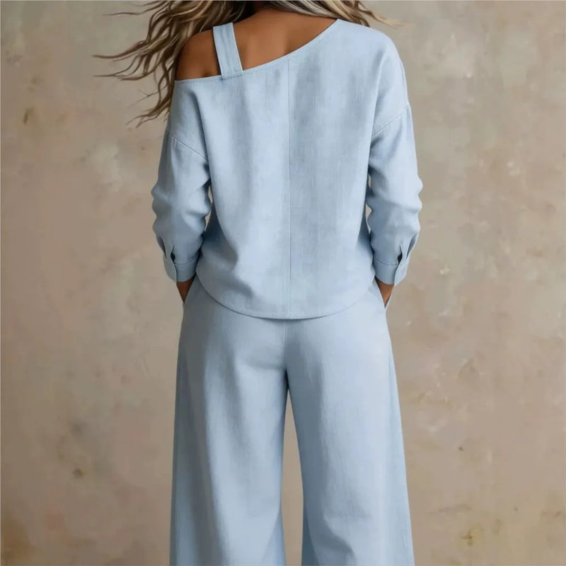Women sexy one-Shoulder Strap Buckle casual two Piece Sets Autumn Solid Slant Neck Long Sleeve top  Wide Leg Pants Matching Sets