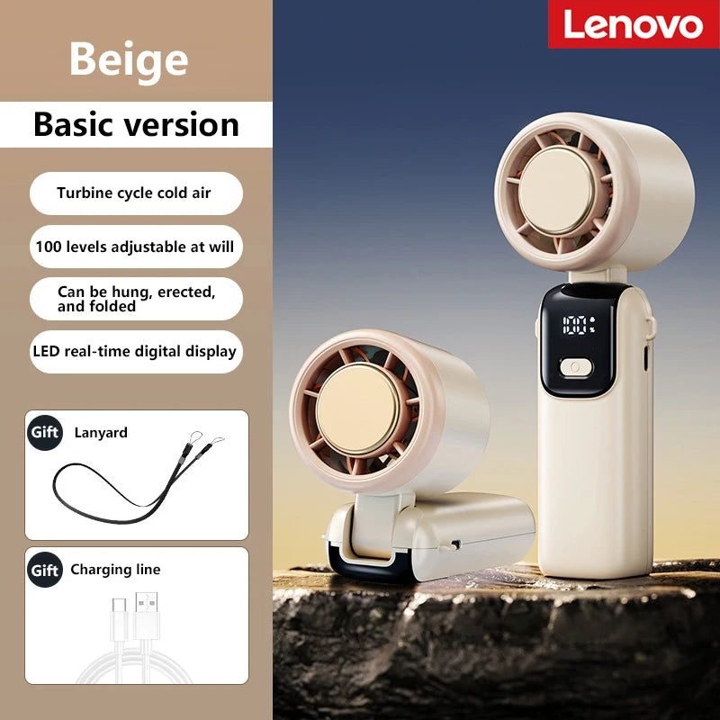 Lenovo Refrigeration Handheld Electric Fan Portable Desktop and Outdoor USB Digital Display High-speed Fan Folding Neck Hanging
