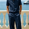 Men's Cotton Linen Mandarin Henley Short Sleeve Shirt | SAMAG