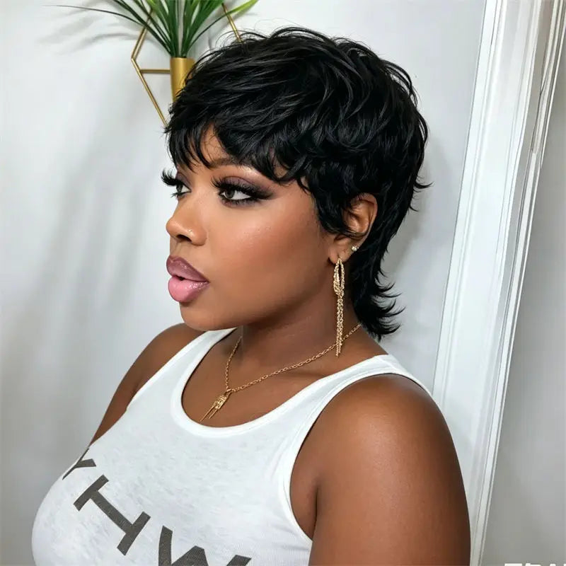 Mullet Pixie Cut Wig Natural Black Full Machine Made Wig With Bangs Fashion Style Breathable Easy To Wear For Women Daily Use