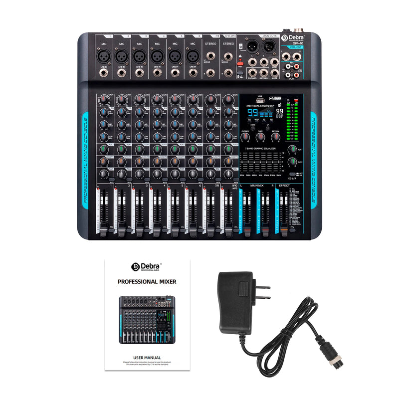 Debra DP-10 10 Channels 99 DSP Audio Mixer DJ Controller Reverb Recording Mixing With Bluetooth 5.0 Professional Performance