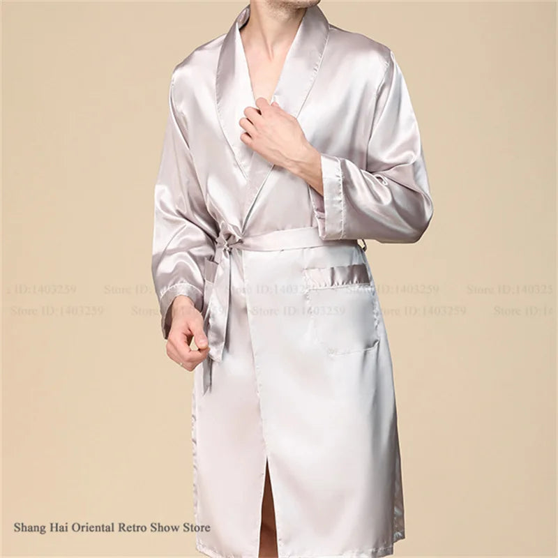 Men's Ice Silk Sleepwear Kimono Bathrobe Gown Long Robe Pajamas Two Piece Set Print Tiger Loose Casual Homewear Lounge Wear