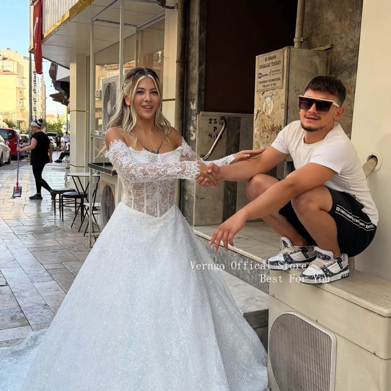 Verngo Luxury Shiny Appliques Wedding Dress Off - View 2 | SAMAG