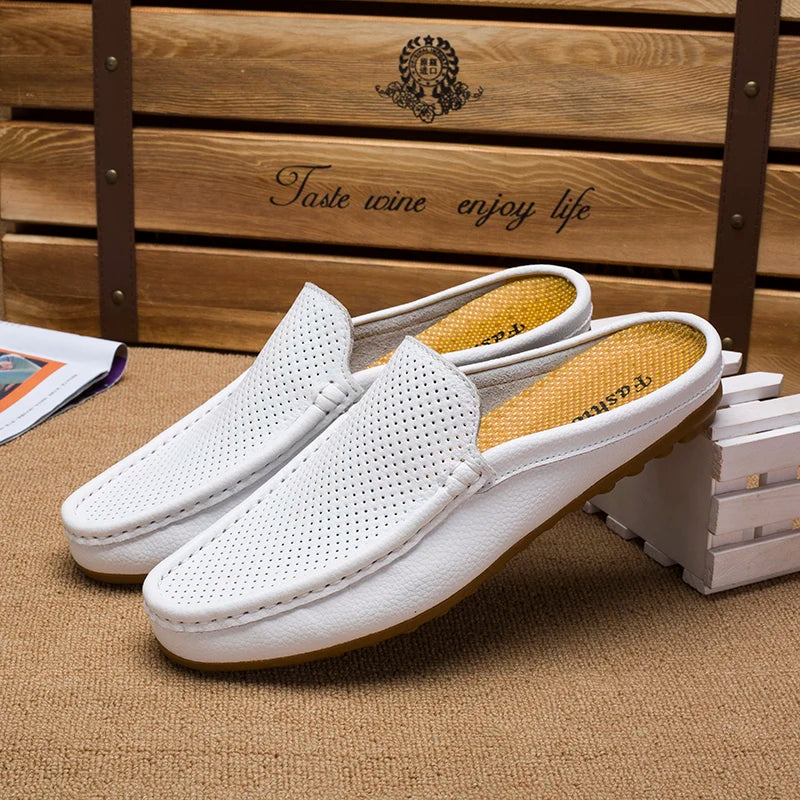 Summer Men's Shoes Casual Mens Breathable Loafers Leather Half Slipper for Men Slip on Lazy Driving Shoe