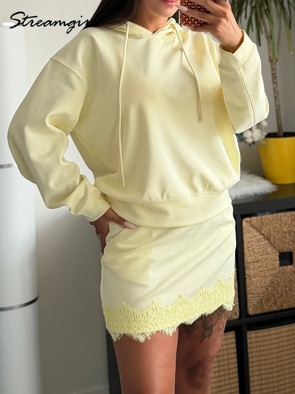 Brown Sweatshirts And Skirt Sets Ladies Elegant Officewear Skirt Suit With Lace 2 Pieces Hoodie Set With Skirt Women Autumn