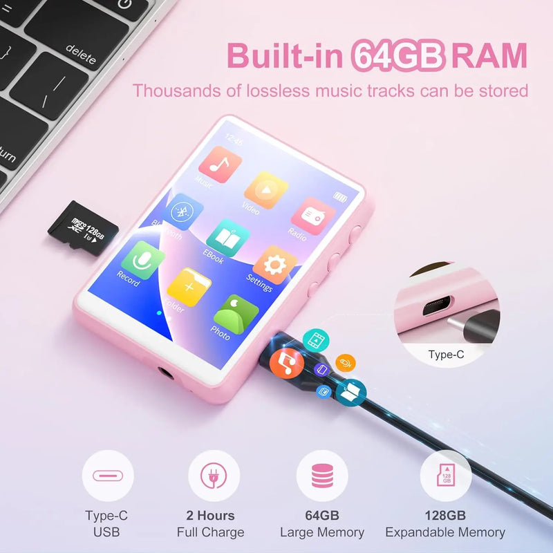 MECHEN 64GB MP3 Player Bluetooth 5.3 with 2.4" Full Touch Screen，Portable Digital Music Player with Speaker，FM Radio, Line Recor
