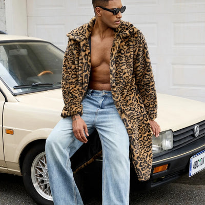 Men Faux Fur Leopard Print Long Coat Full Sleeve Thick | SAMAG