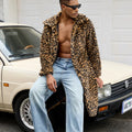 2026 Men Faux Fur Leopard Print Long Coat Full Sleeve Thick Warm Jackets Lapel Loose Streetwear Cardigan Jacket Autumn Winter