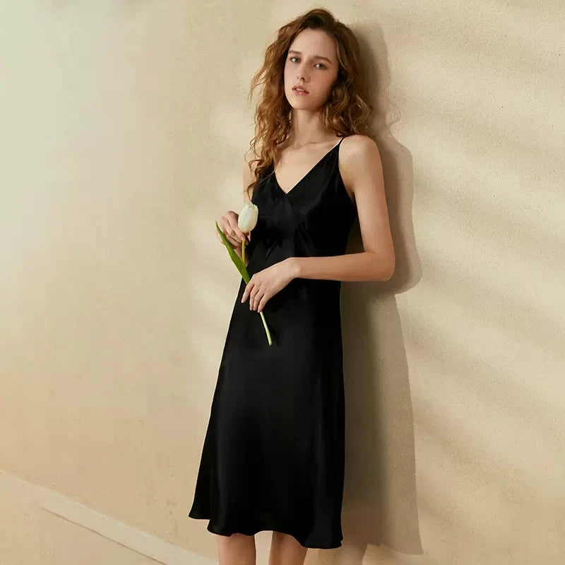 Birdtree, 19MM 100% Silk Satin Nightwear, Sexy Spaghetti Nightdress, Elegant V Neck Skin-friendly Women Night Skirt P30457QM