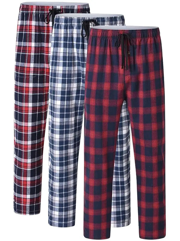 Men's 3Pcs Pajama Sleeping Pants Cotton Plaid Pjs, Long Plaid Print Sleepwear Pajama Pants with Elastic Waist Homewear