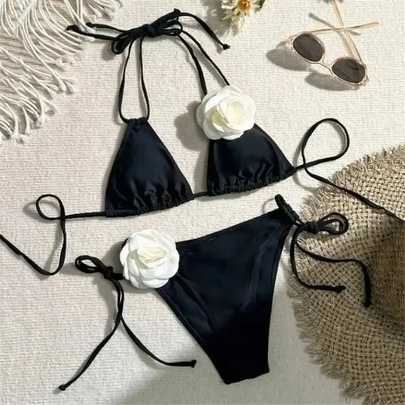 Sexy Flower Bandeau Swimwear Thong Bikini Women Lace-up | SAMAG