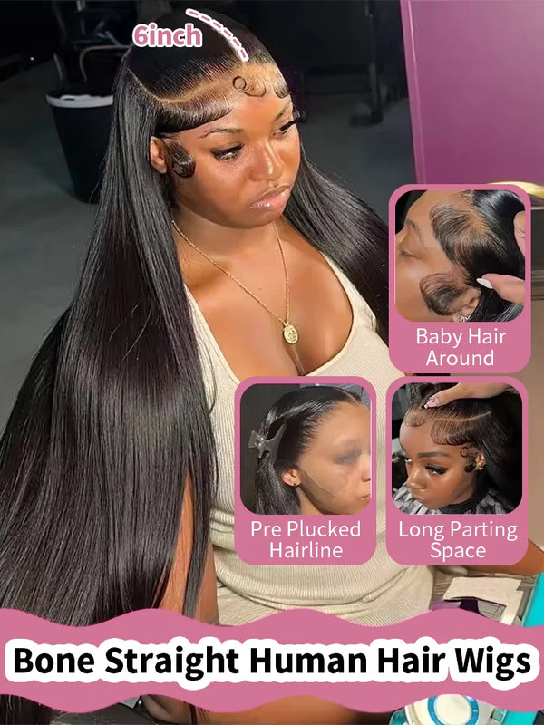 40 46 50 Inch Human Hair Wigs 13x6 HD Bone Straight Lace Frontal Wigs 100% Virgin Hair 300 High Density Transparent Lace 13x4 360 Full Silky Hair Lace Front Wigs For Women Preplucked