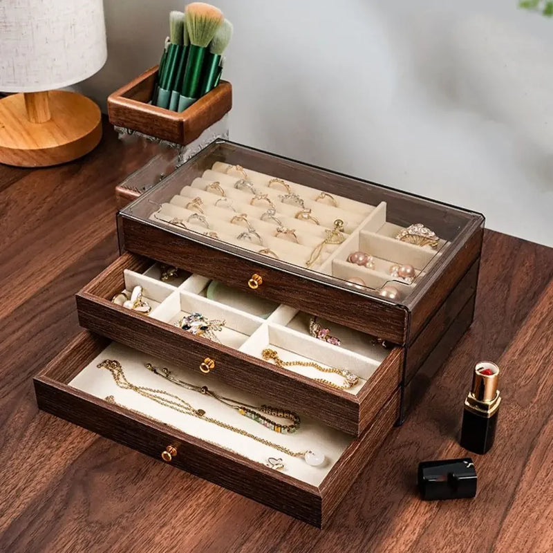 Multi-layer Wooden Jewelry Box Transparent Window Jewelry Storage Case for Ring Necklace Earring Bracelet