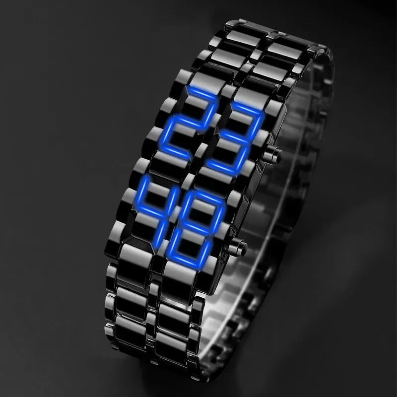 Relógio de pulso digital Lava masculino, metal completo preto, display LED azul, presentes para homem - Visuel 2 | SAMAG