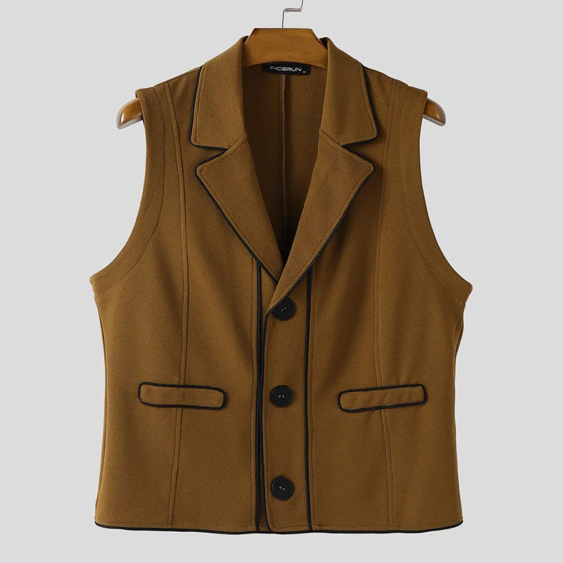 INCERUN Men Vests Patchwork Lapel Sleeveless Button Casual Male Waistcoats Color-block Streetwear 2025 Fashion Vests Men S-5XL