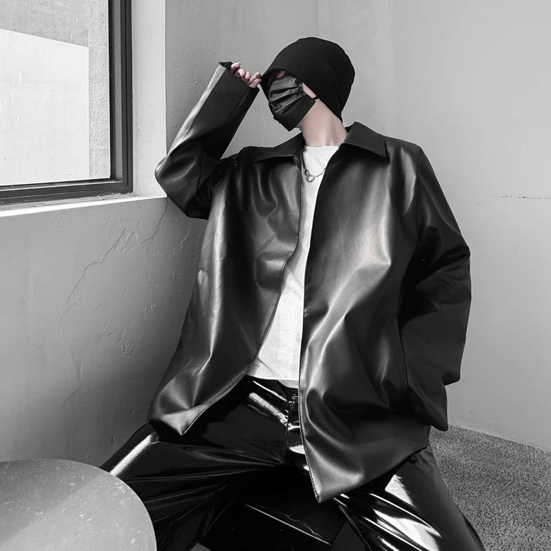 Fashion PU Leather Jacket for Men Zipper Front Long Sleeve Lapel Motorcycle Coat, Autumn Winter Casual Biker Jacket for Man