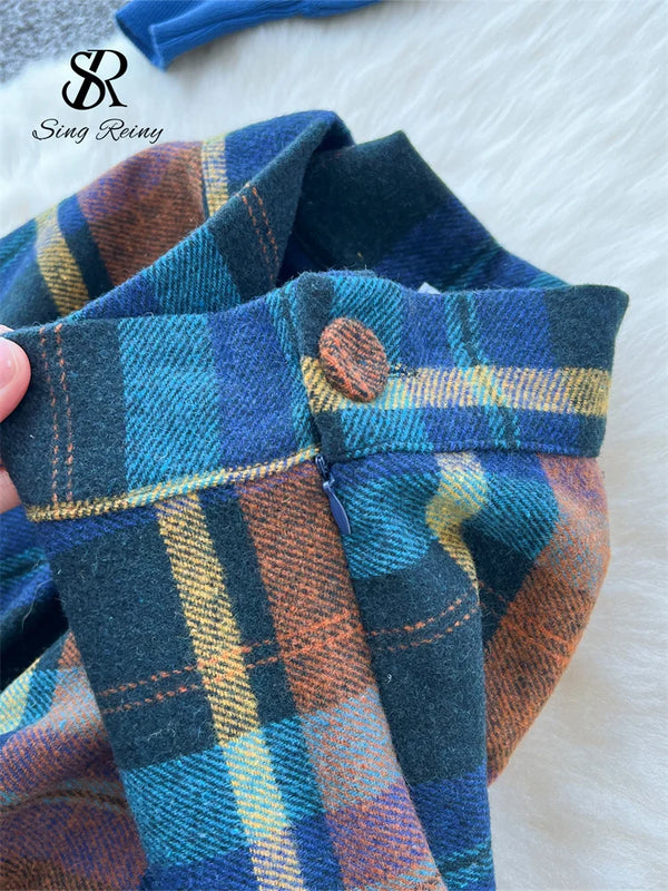 SINGREINY Fashion Spring Knitted Two Pieces Sets Women Loose Pullovers+Plaid A Line Long Skirt High Street Print Casual Suits