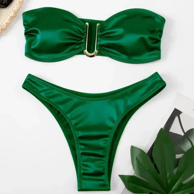 Summer Push Up Bandeau Swimsuit Straps Bikini Set Solid | SAMAG