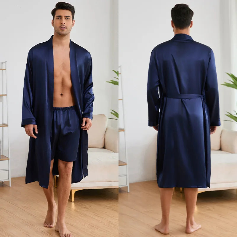 Solid Color Simple Homewear Men's Sleepwear Silk Satin Robe Shorts Pajamas Suit Spring Autumn Long Sleeved Bathrobe Nightgown
