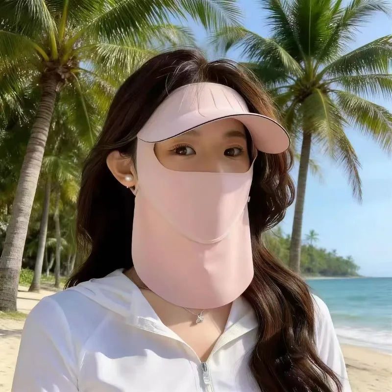 Sun Protection Integrated Face Mask Hat Ice Silk Breathable Full Face Cover UV Resistant Summer Outdoor Women Lightweight Daily