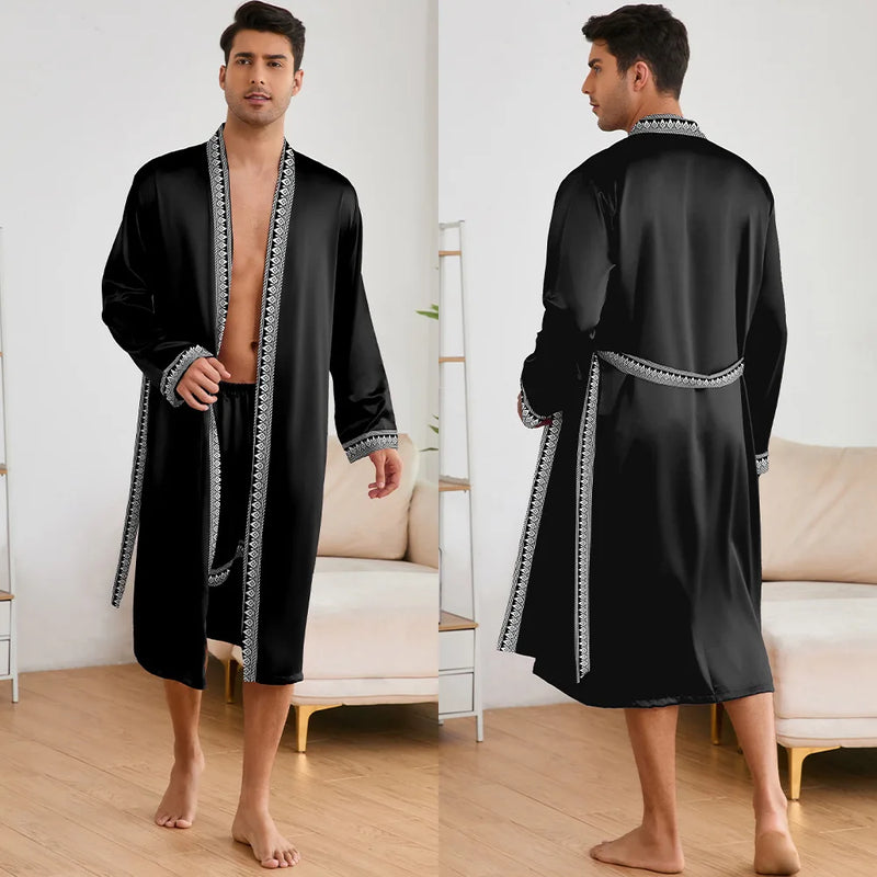 Men Long Nighty&Robe Set Summer Ice Silk Pajamas Set Sleepwear Loose Casual Home Clothes Nightwear Male Loungewear