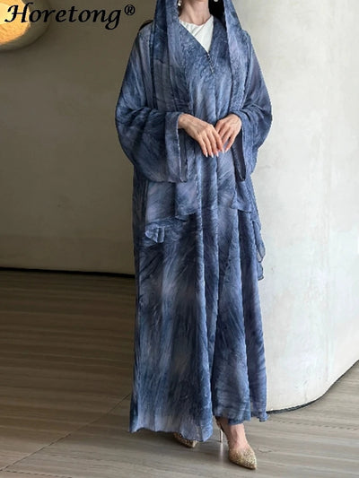 Horetong Muslim Abaya Robe Women Marble Print Chiffon V | SAMAG