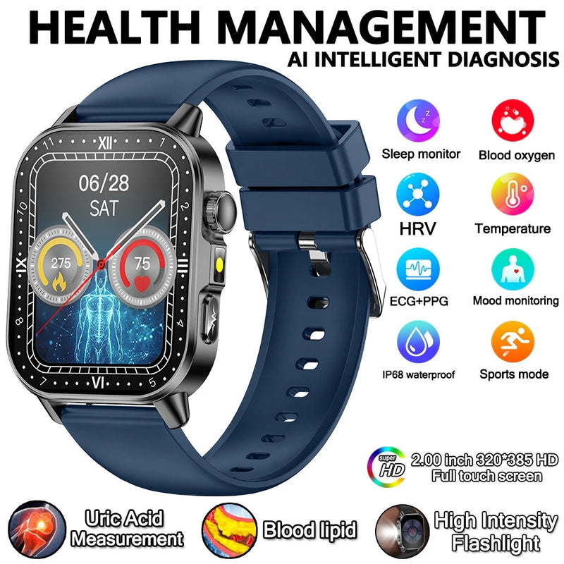 2026 New Professional-Grade Health Smart Watch Men ECG BP HR Uric Acid Lipid BMI Body Analysis Bluetooth Call Smartwatch Women