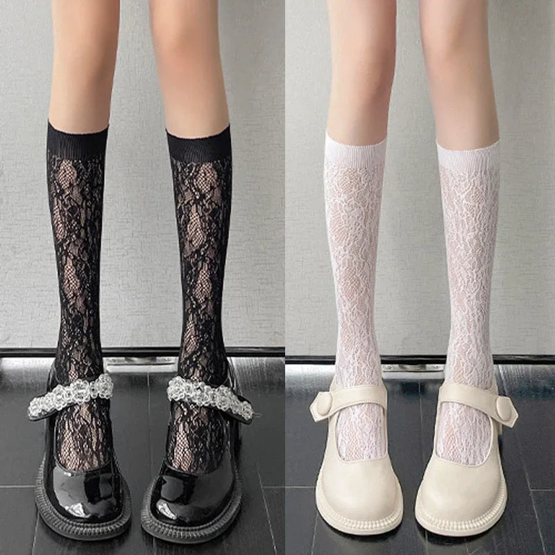 Lace Flower Print Long Socks Lingerie Sexy Floral Mesh High Knee Sock Women Summer Thin Transparent Lolita Kawaii Calf Stockings